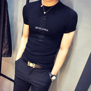 潮男ins短袖t恤男潮牌个性刺绣韩版潮流修身弹力紧身上衣短款体恤