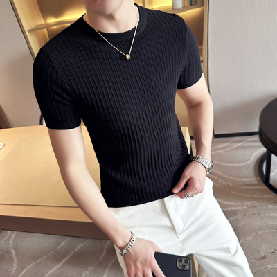 针织短袖t恤男修身潮牌圆领