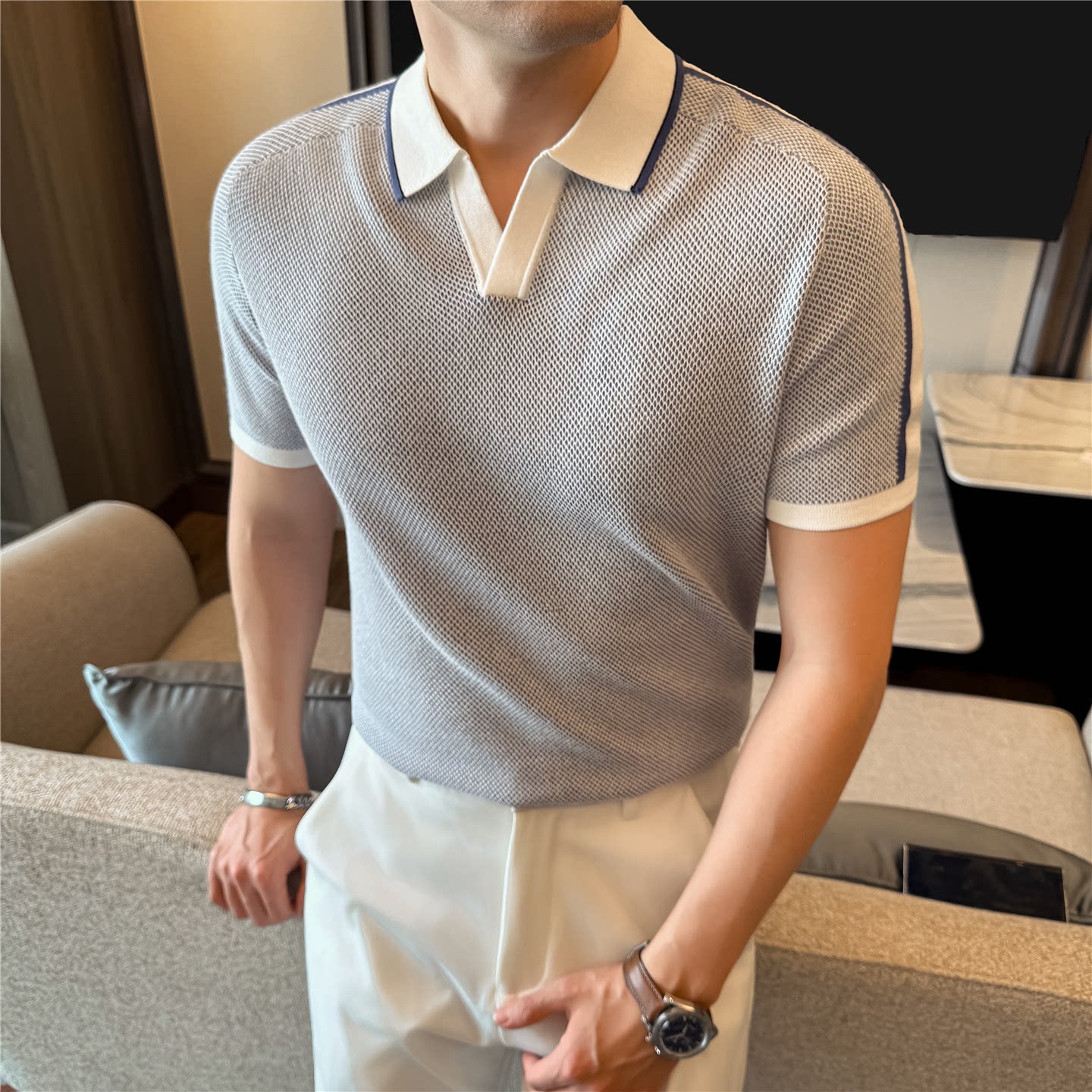 针织polo衫男短袖夏季薄款个性潮流拼接撞色韩版修身t恤翻领半袖