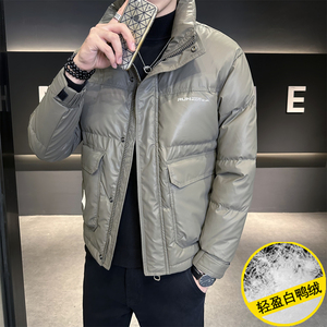 皮面羽绒服男冬季2023年新款潮流轻便立领pu皮外套保暖白鸭绒衣服