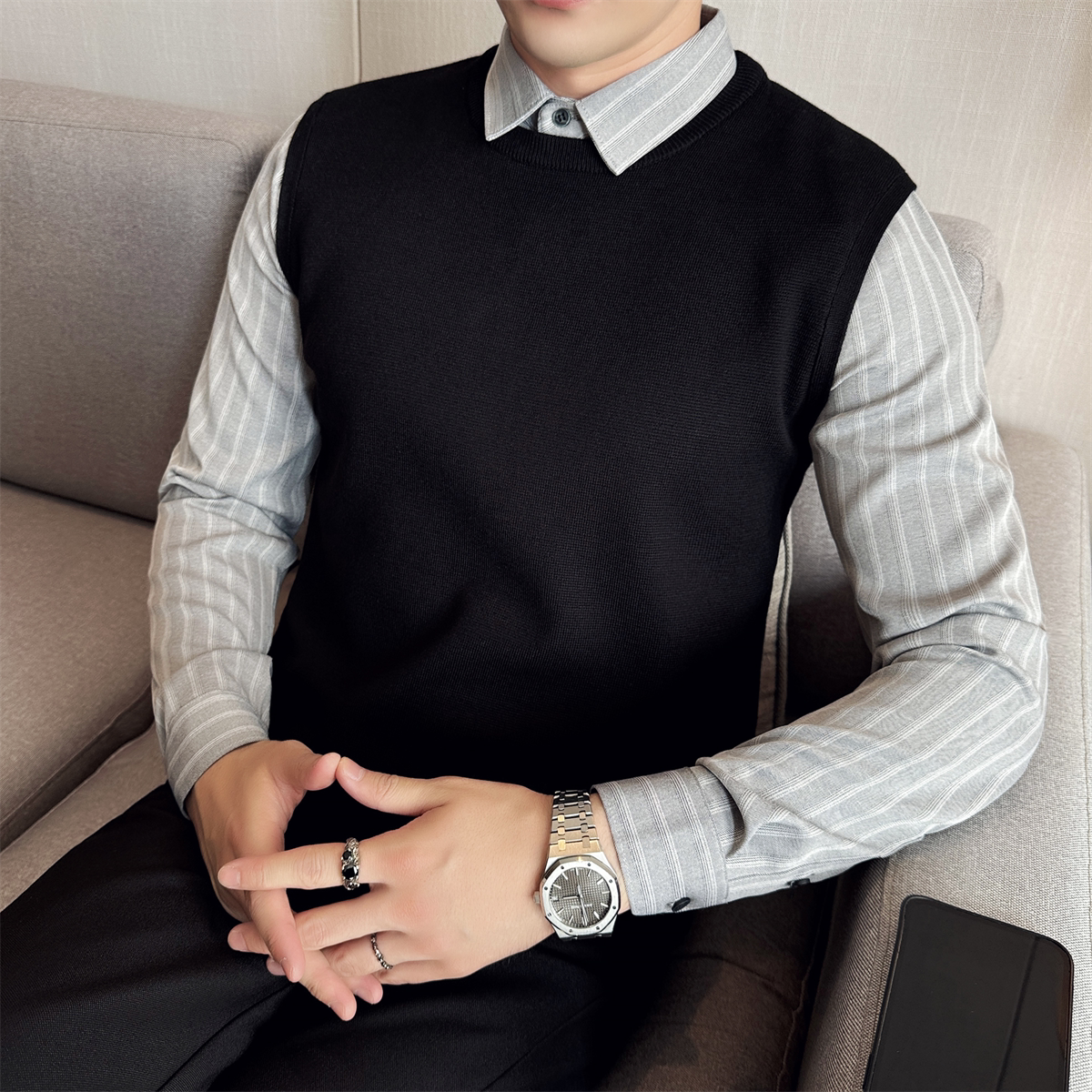 高级感毛衣男衬衫领假两件内搭衬衣领条纹潮流修身打底针织衫带领