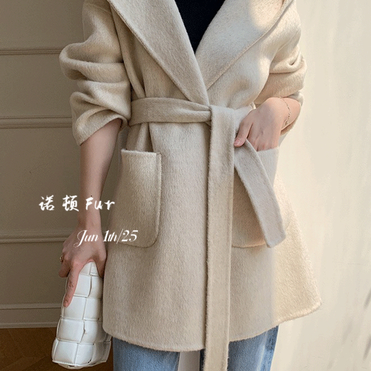 繁花韩版休闲连帽宽松羊毛外套(配腰带)（含100澳毛）Z-QX11056