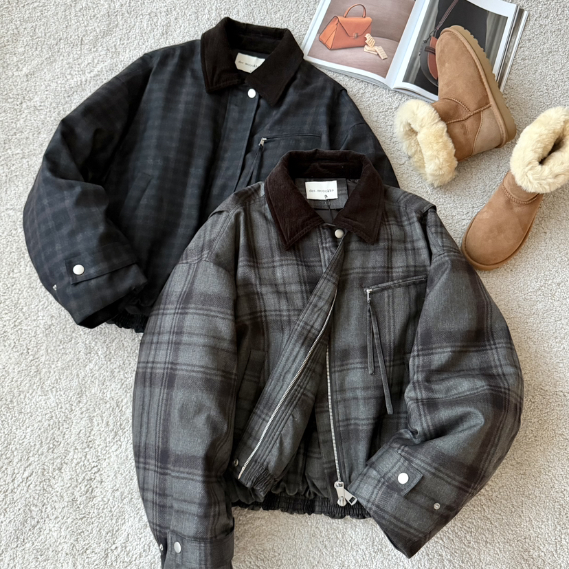 繁花冬上新复古格纹翻领宽松保暖羽绒服外套6525-6548