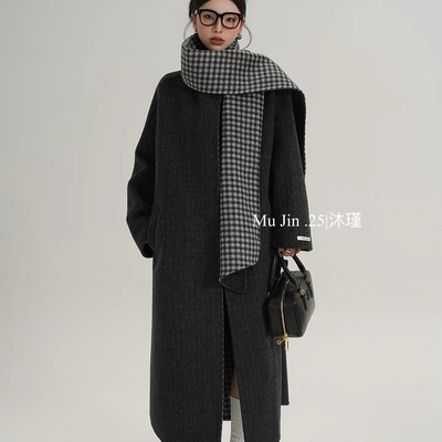 繁花复古格子围巾款双面羊毛外套(配围巾)（含90绵羊毛）HYxdd170