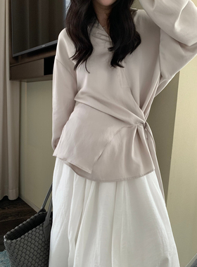 繁花26年早春韩系不规则系带蝴蝶结宽松显瘦衬衫UA0007