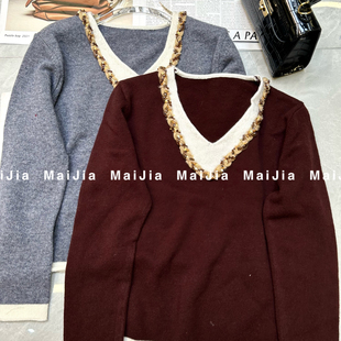 繁花设计计感撞色假两件V领羊毛上衣保暖毛衣 J278 含30羊毛