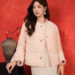 繁花家新中式轻国风-宽松圆领真丝丝绒绣花保暖羽绒服外套26027