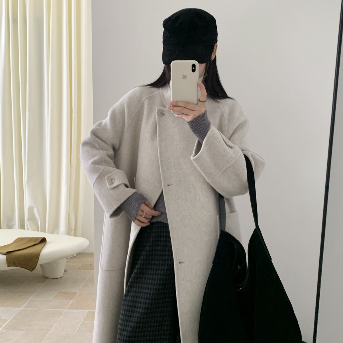 繁花口袋长款显瘦加厚羊毛外套(配腰绳)（含67.6绵羊毛）1-S8527B