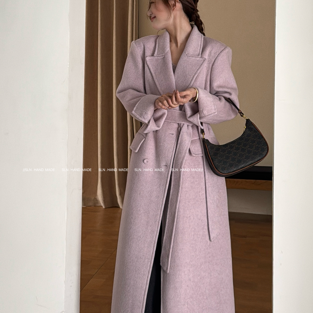 繁花紫气质西服领双排扣长款羊毛外套(配腰带)(含100羊毛)708431