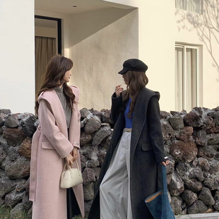 繁花气质长款韩版宽松毛呢子羊毛外套(配腰带)(含100羊毛)66655