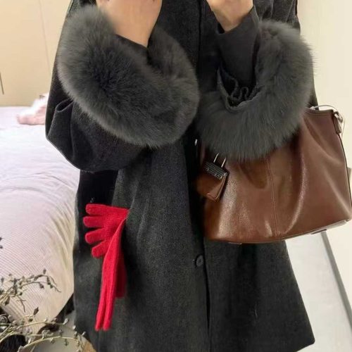 繁花狐狸毛西装外套中长保暖羽绒服外套(配可拆真狐狸毛袖毛)821