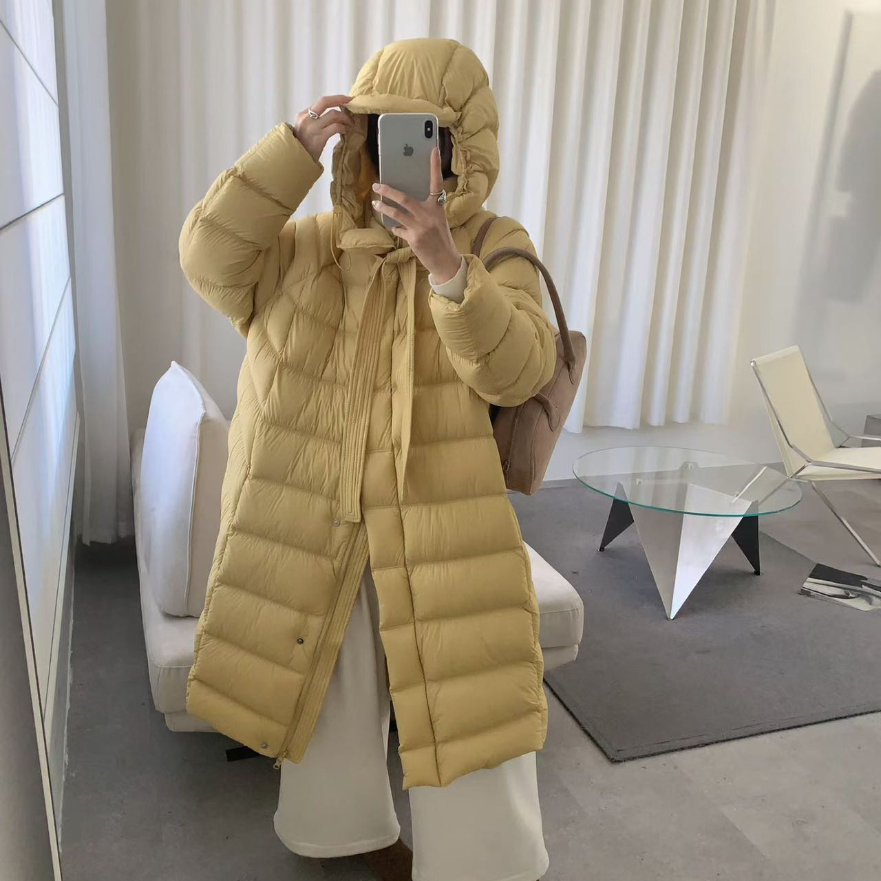 繁花连帽丝带长款轻薄羽绒服泡芙羽绒服(含90白鸭绒)ML1002