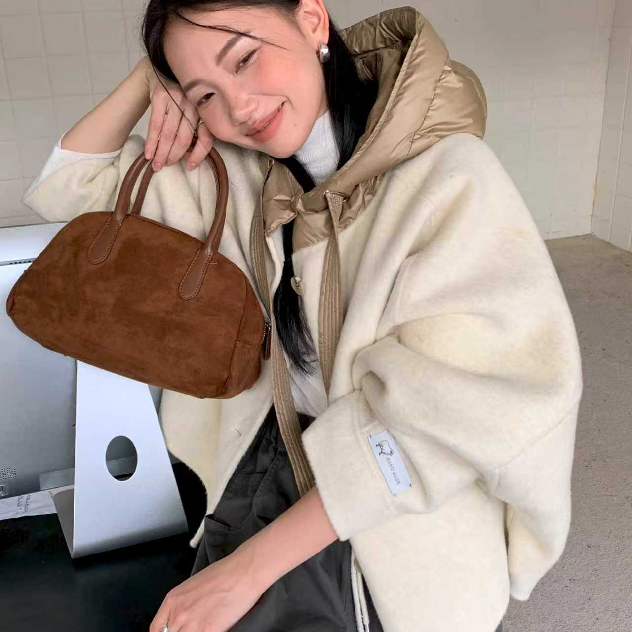 繁花小众连帽单排扣羊毛外套（含10兔绒）(34即s36即M)CT3719