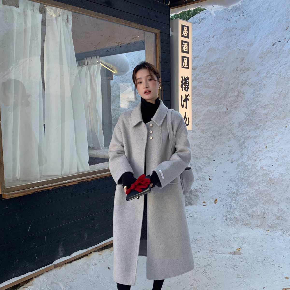 繁花款翻领大衣搭配包包羊毛外套(配包包)（含100澳毛）2506-3