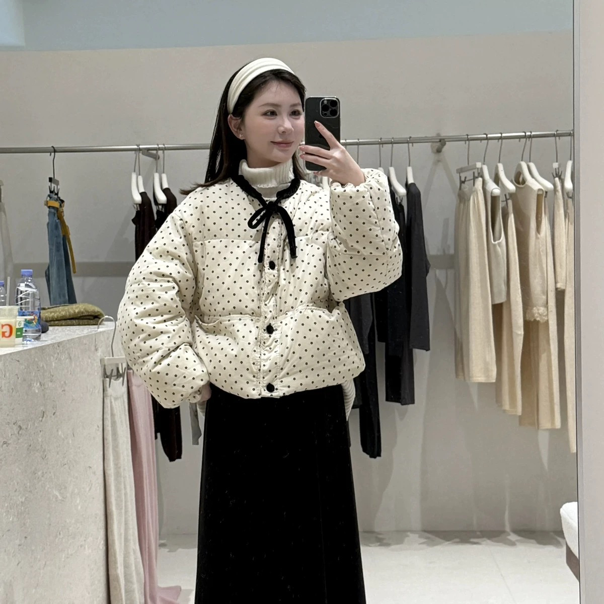 繁花韩系小女人设计感波点系带保暖棉服外套85613