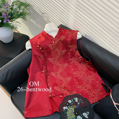繁花中式立领盘扣斜襟流苏刺绣织金国风红色马甲外套马甲zd7988