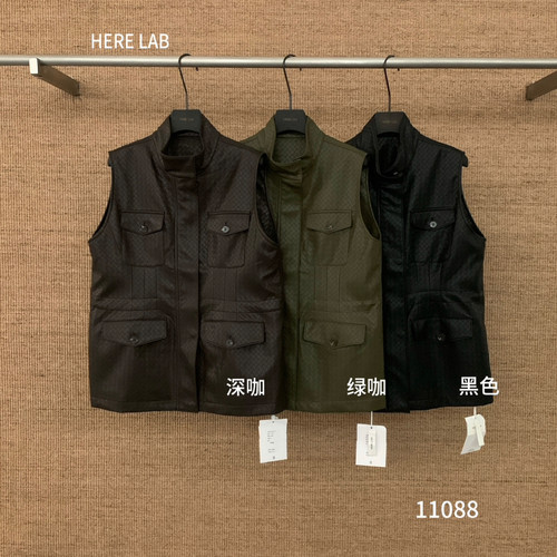 秋上新压褶格形收腰设计感皮马甲(不含内搭)H11088