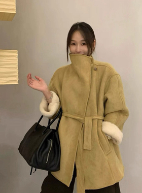 繁花翻领复古绑带气质时尚百搭加绒加厚大衣(配腰带)51252