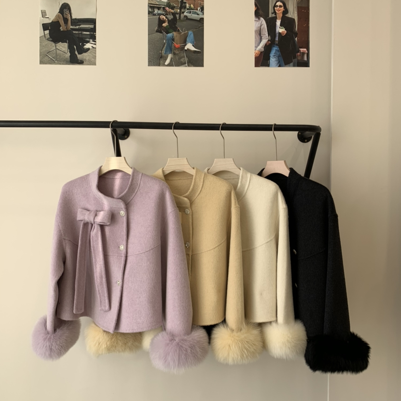 繁花毛蝴蝶结可拆卸小香风短款系带蝴蝶结毛边袖口羊毛外套25770