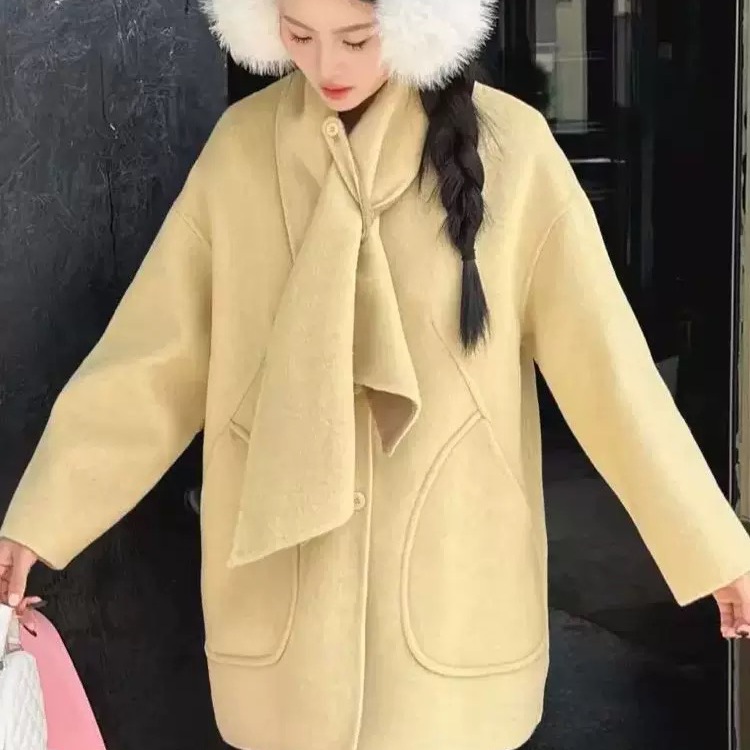 繁花小众韩锐池-松中长款羊毛外套(配围巾)（含100澳毛）YS1-1918