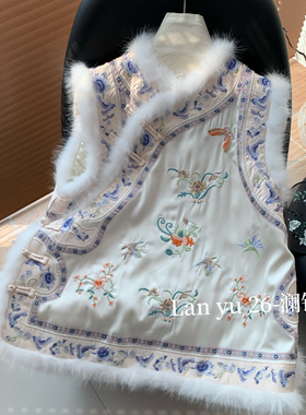 繁花新中式重工刺绣减龄娃娃毛领棉马甲CXjg9725