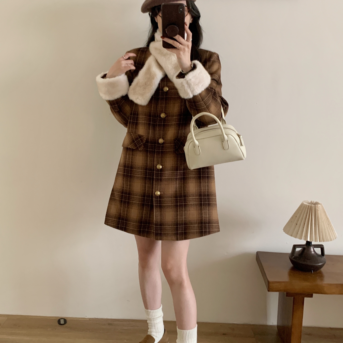 繁花家格纹中长款保暖羽绒服外套(配可拆卸真狐狸毛毛领)8027-1