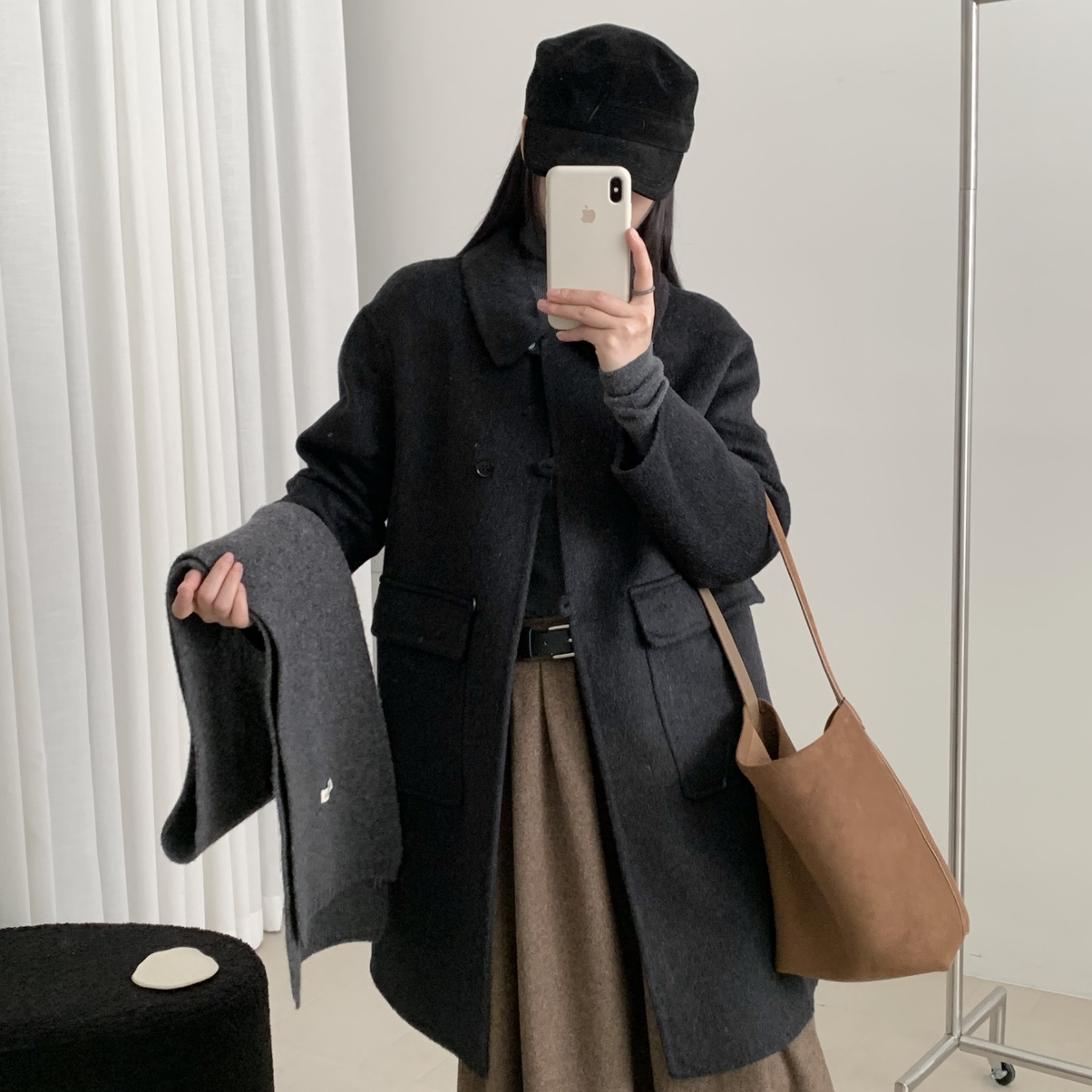 繁花简约气质翻领宽松中长款羊毛外套（含100澳毛）102304W10