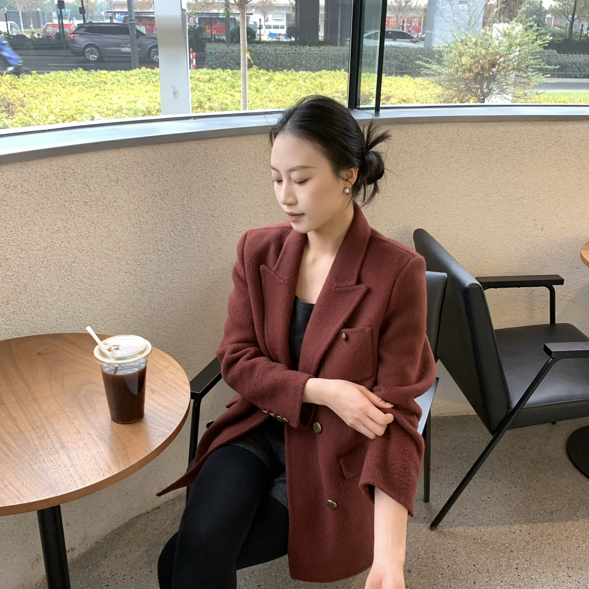 繁花极简风双排扣宽松时尚气质羊毛外套（含90澳毛）A8811