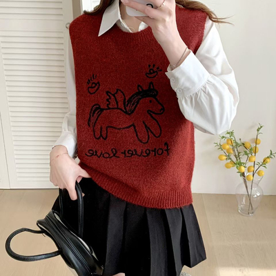 繁花家早春韩系圆领卡通小马绣花洋气百搭叠穿针织马甲YS6-2365