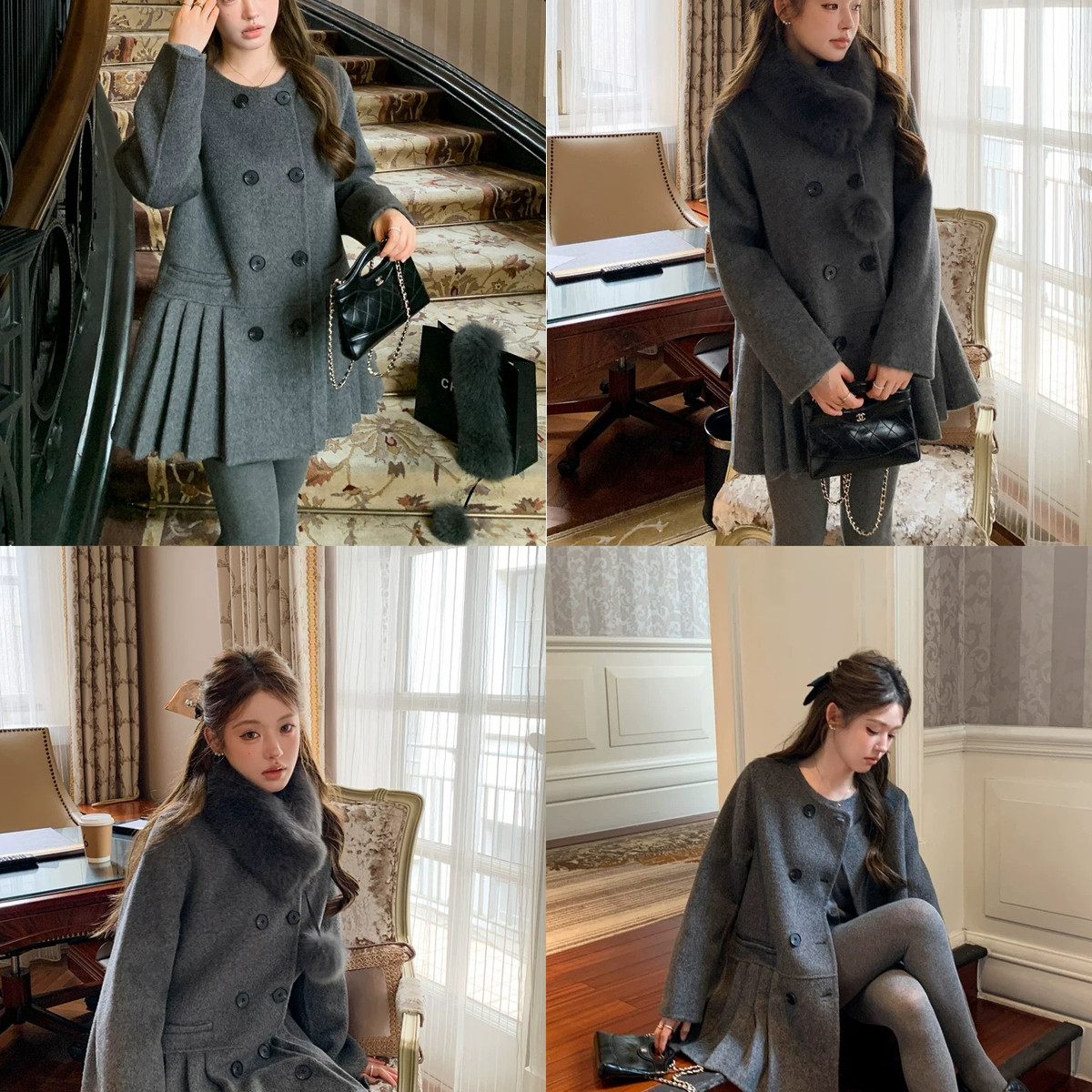 繁花毛呢羽绒大衣保暖羽绒服外套(配毛领狐狸毛真毛可拆卸)1688