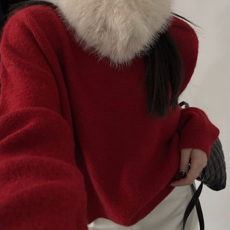 繁花小众泡菜馆-圆领宽松长袖保暖毛衣(配围脖)（含12兔毛）08656