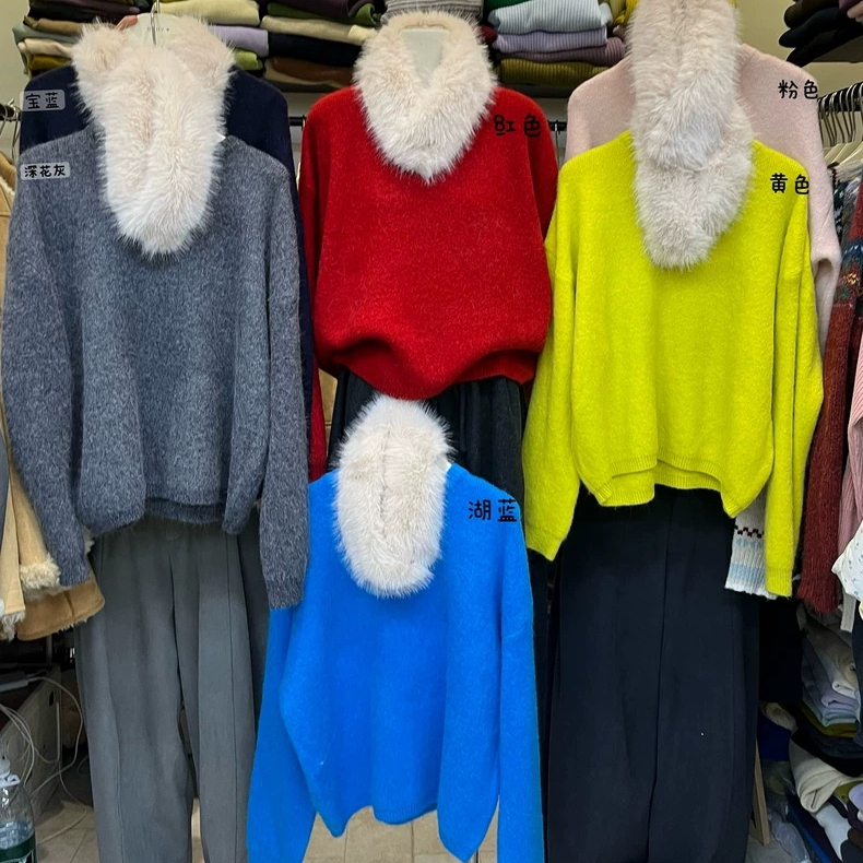 繁花小众色圆领毛领围脖保暖毛衣(配环保毛毛领)L-DHHO6835