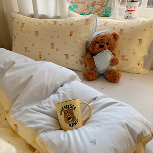 淡黄色全棉卡通单人学生床品3四件套LL可爱 可爱星星人 宅姿势