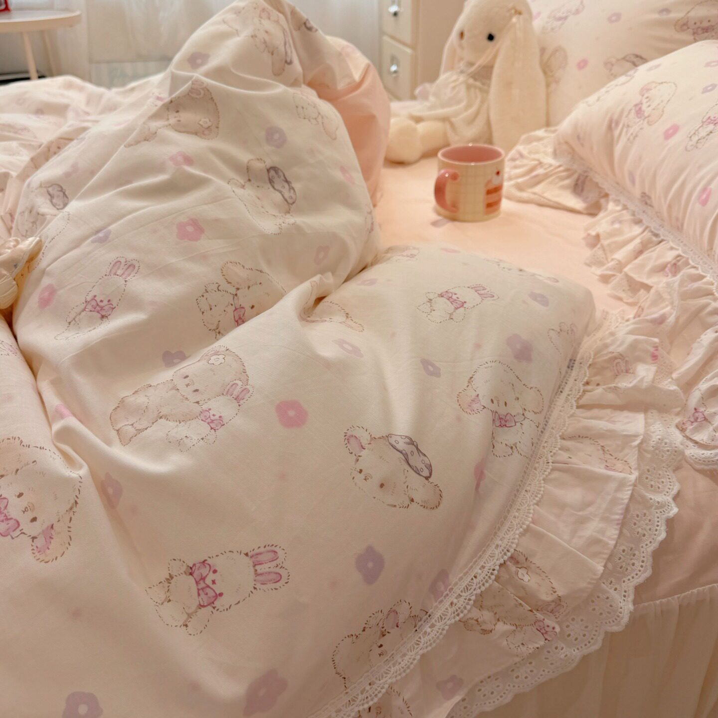 【宅姿势】韩系花边奶油风印花四件套床上用品纯棉女生床裙ML卡通