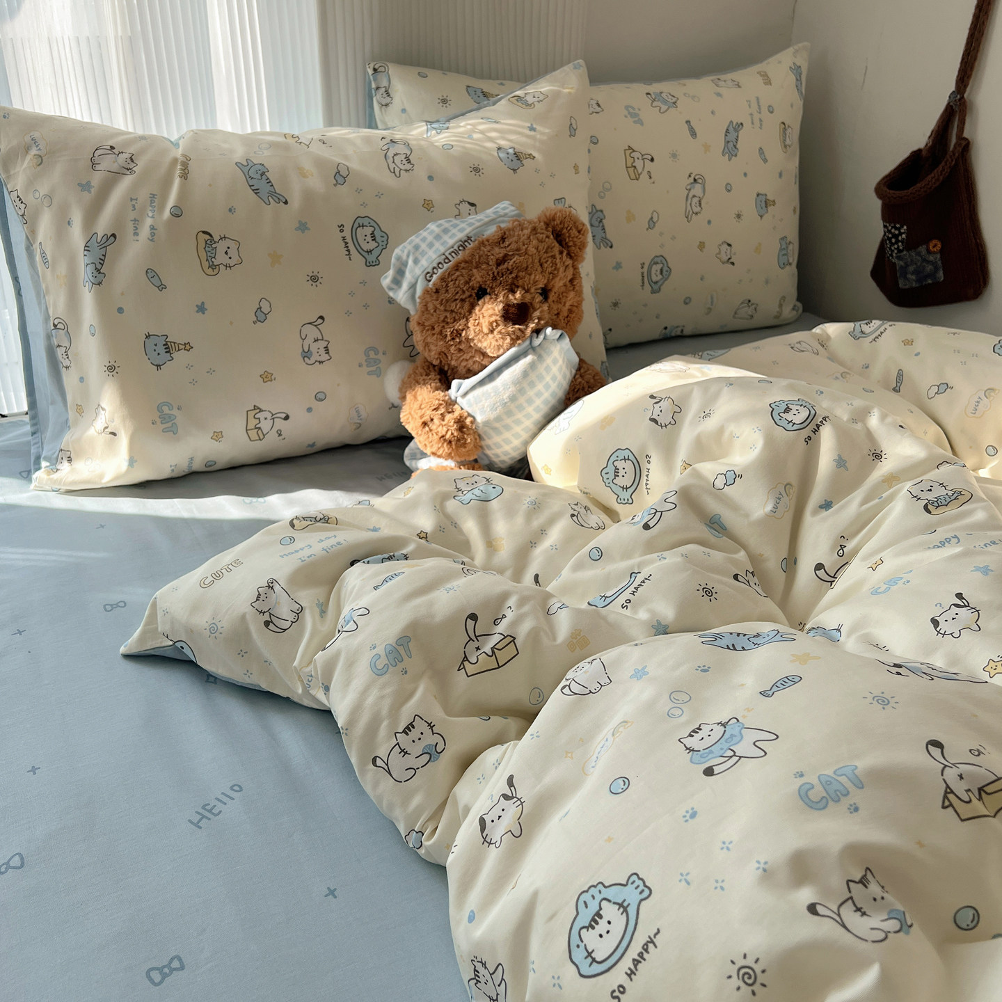 【宅姿势】童趣可爱 小猫咪 单人宿舍学生床品三4件套 全棉被套XW