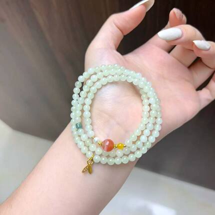 天然和田玉配南红蜜蜡手串女士多层缠绕轻奢精致玉石串珠手链饰品
