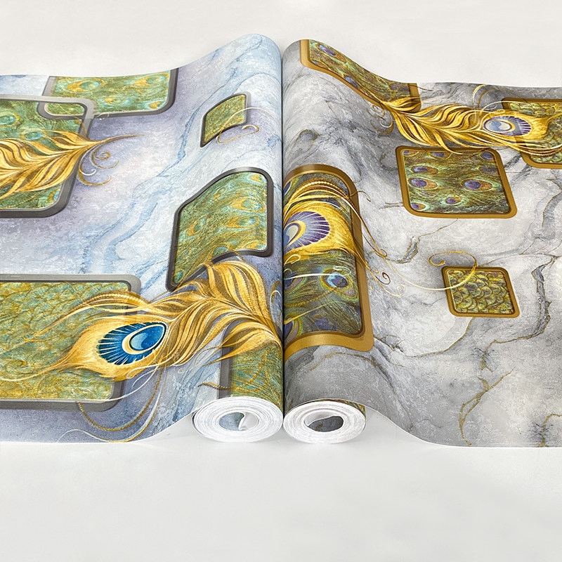 美式田园风孔雀羽毛图案纹理墙纸卧室客厅室内家居抽象个性壁纸