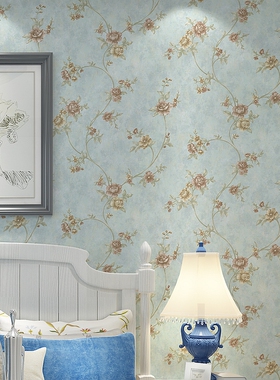 浅蓝色3D美式乡村浮雕墙纸 卧室客厅美容院田园小花 现代简约壁纸