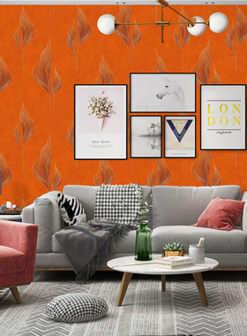 轻奢爱马仕橙色AB版墙纸3d立体美容院沙发背景墙高级感服装店壁纸
