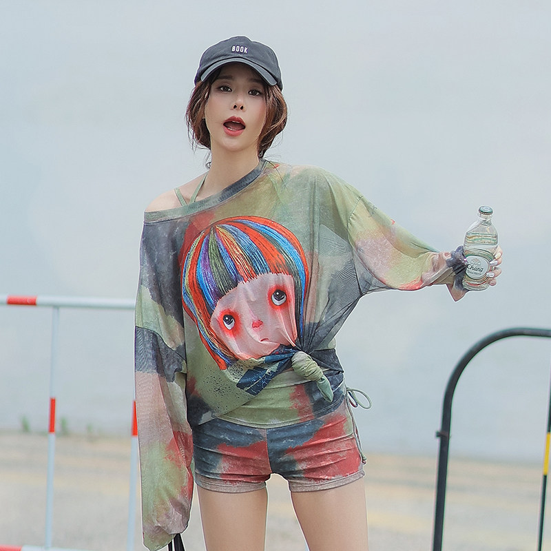泳衣女分体高腰平角裤长袖罩衫遮肉显瘦保守运动风微胖女孩高级感