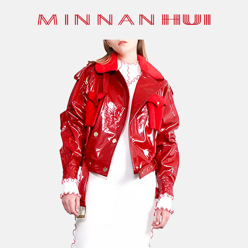 【MINNANHUI】惠敏楠 原创设计街头时尚红色漆皮亮面真皮皮夹克