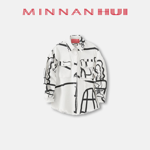 【MINNANHUI】惠敏楠 原创设计随性黑白涂鸦印花宽松牛仔衬衫外套