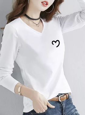 时尚简约女款长袖T恤2025秋季新款纯棉V领白色修身百搭打底衫上衣