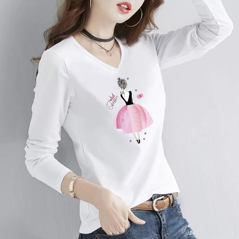 t恤女长袖纯棉V领2026春季新款正肩修身显瘦白色体恤衫休闲上衣女