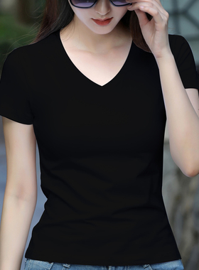 黑色v领短袖t恤女2025夏季新款修身显瘦纯棉体恤衫正肩纯色打底衫