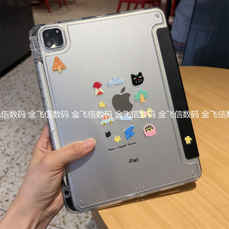 diy立体插画黑猫3+Y型折叠亚克力适用iPad11代保护套ipd7/8/9代10.2横竖屏air5/6苹果Pro11笔槽9.7寸10.9硬壳