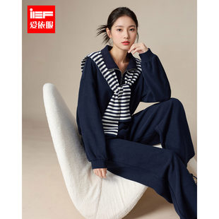 上下套长裤 新款 韩系休闲海军领条纹两件套极简 爱依服2025秋季 IEF
