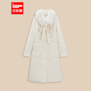 IEF/爱依服2025冬季新款毛领毛呢大衣女长款系带收腰保暖外套气质