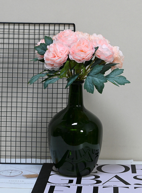 高档轻奢高端牡丹仿真花高级感绿色玻璃花瓶摆件大肚小口径假花艺
