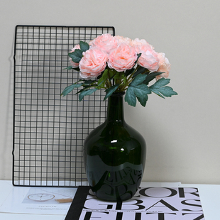 高档轻奢高端牡丹仿真花高级感绿色玻璃花瓶摆件大肚小口径假花艺
